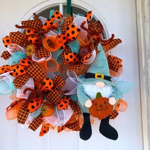 Halloween gnome deco mesh wreath with lights